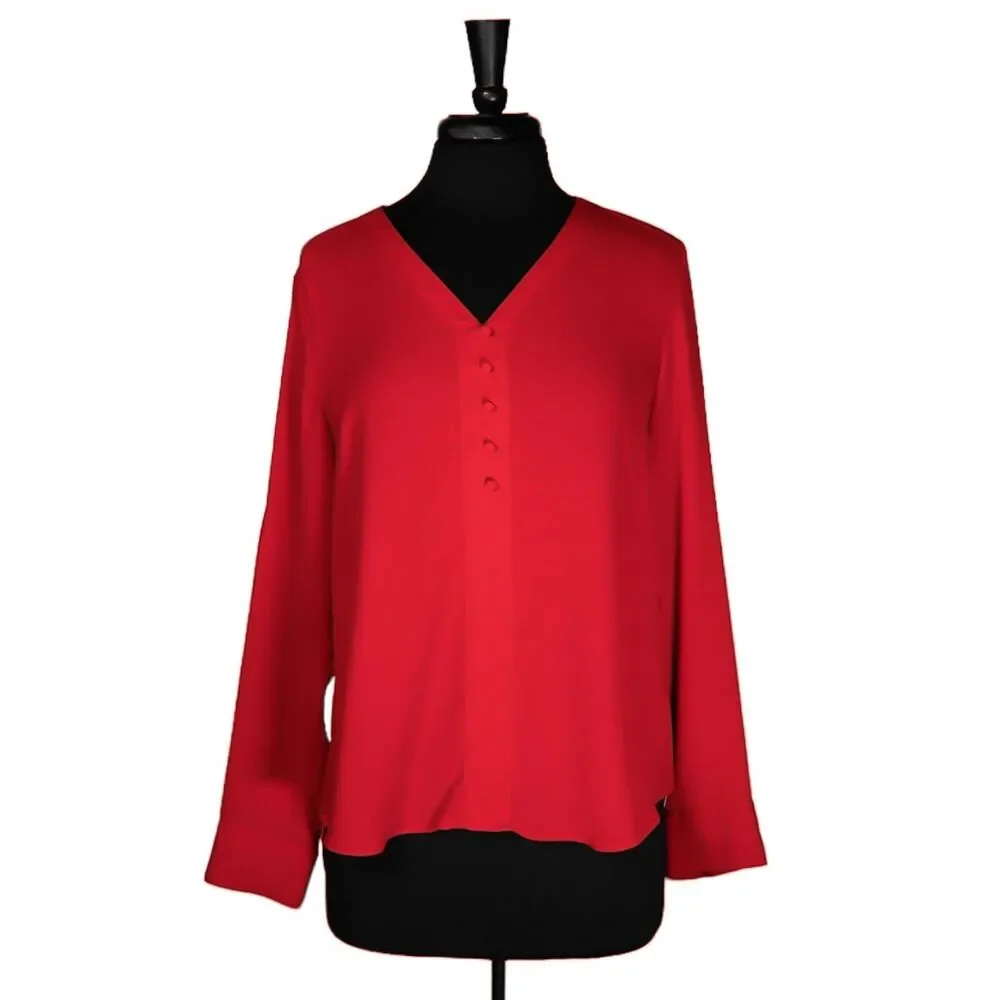Express Women's Blouse Red V-Neck Roll Tab Long Sleeve Half Button Shirt Top M - Picture 1 of 10